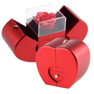 BNIB ACRYLIC APPLE HEART SHAPE PRESERVED RED ROSE RING/JEWELRY PRESENT GIFT BOX